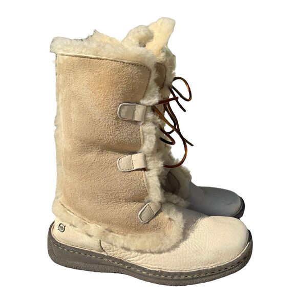 Born Shearling Boots 10 Cream Leather Lined Fold Over Winter Apres Ski Shoe - Picture 1 of 11